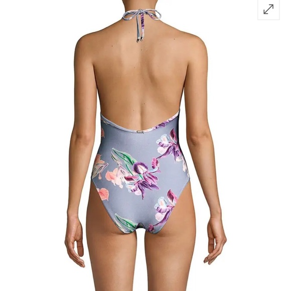 PatBO Grace Deep-V Halter One-Piece swim suit. Grey floral. Size large. - Picture 3 of 8